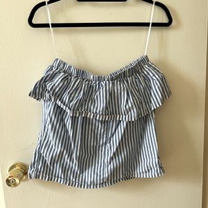 Blue and white flared striped strapless top